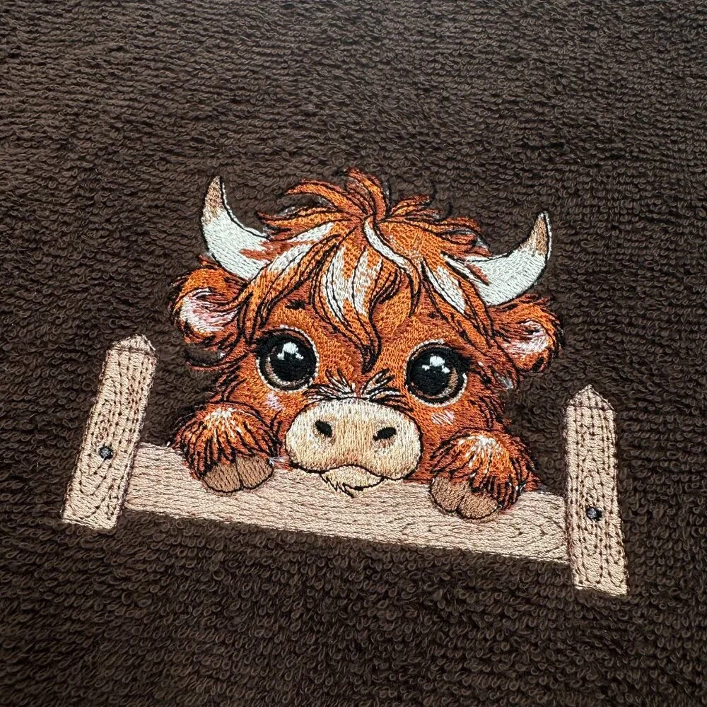Highland Cow Towels Embroidered Hand Towel Set Beige Brown Cute Bathroom Decor